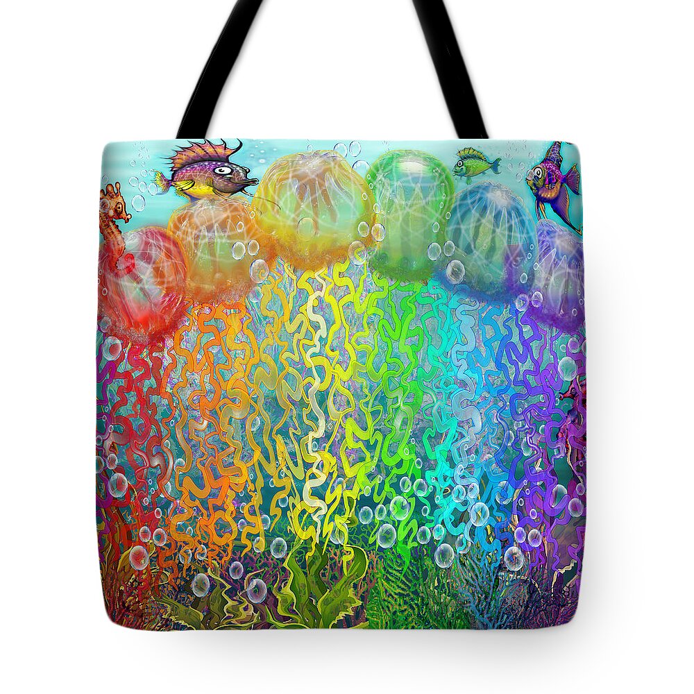 Aquatic Tote Bag featuring the digital art Aqua Jellyfish Rainbow Fantasy by Kevin Middleton