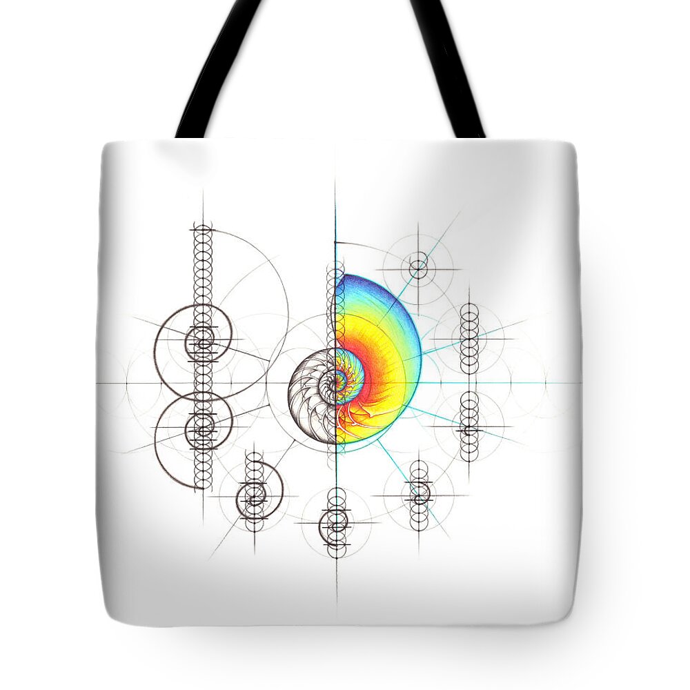 Nautilus Shell Tote Bag featuring the drawing Intuitive Geometry Nautilus Shell with steps by Nathalie Strassburg