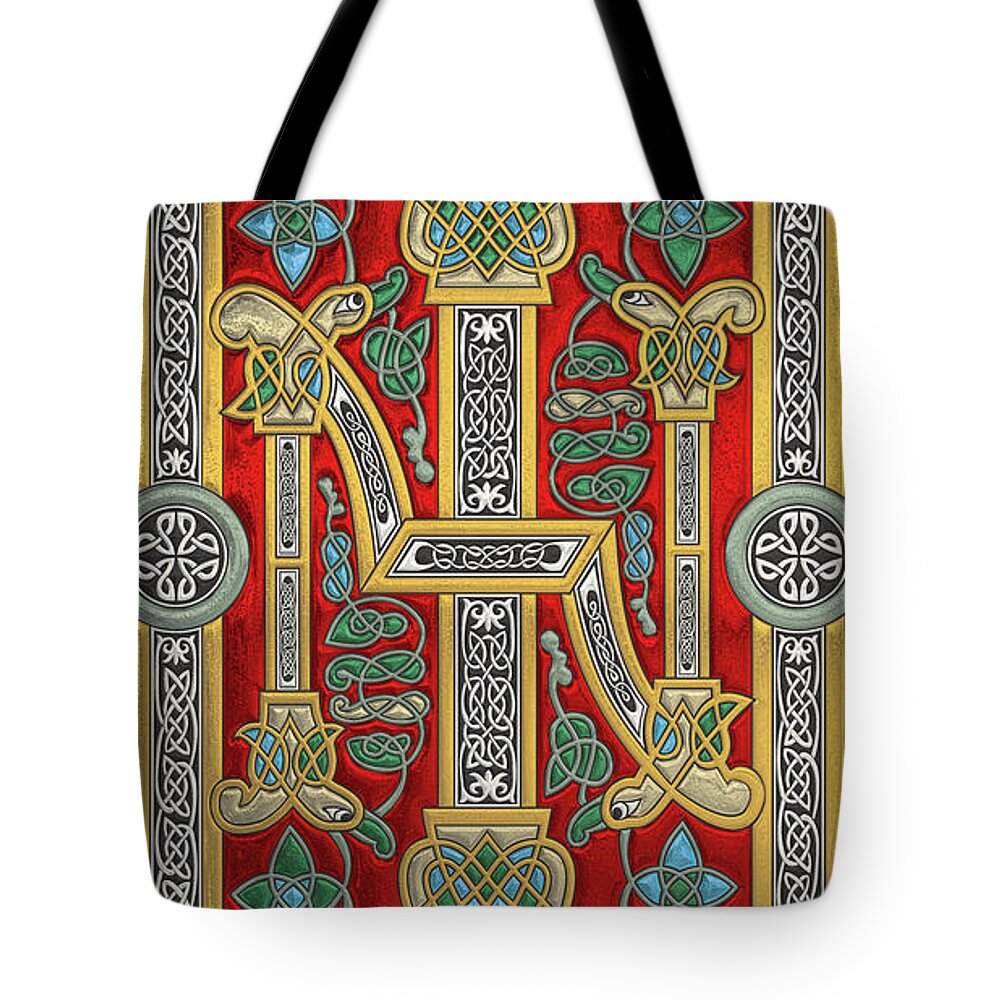 ‘celtic Treasures’ Collection By Serge Averbukh Tote Bag featuring the digital art Ancient Celtic Runes of Hospitality and Potential - Illuminated Plate over White Leather by Serge Averbukh