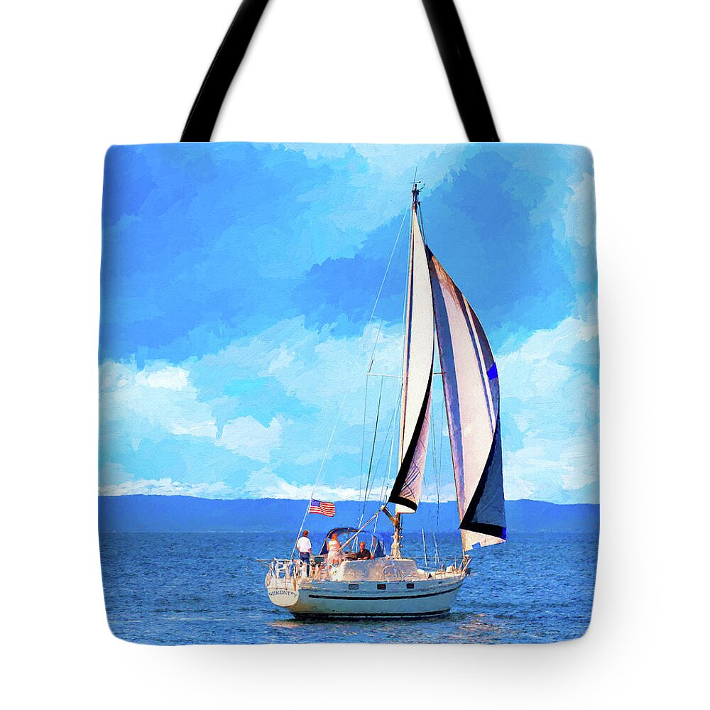 Sailboat Tote Bag featuring the digital art Monterey Bay Sailboat by Mark Tisdale