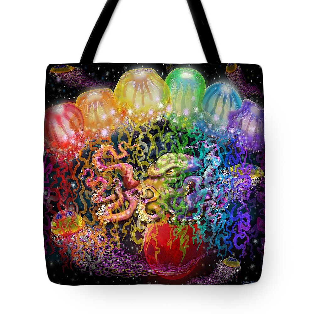 Space Tote Bag featuring the digital art Outer Space Rainbow Alien Tentacles by Kevin Middleton