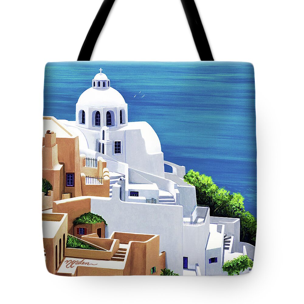 Santorini Tote Bag featuring the painting SEA SERENE- prints of oil painting by Mary Grden