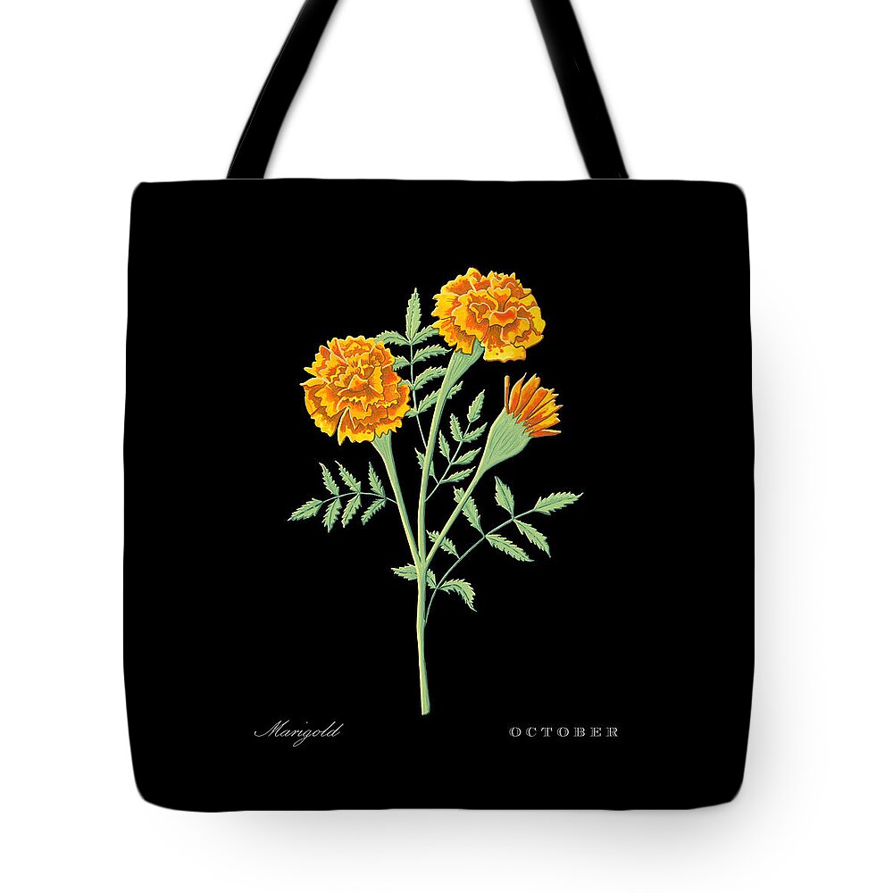 Marigold Tote Bag featuring the painting Marigold October Birth Month Flower Botanical Print on Black - Art by Jen Montgomery by Jen Montgomery