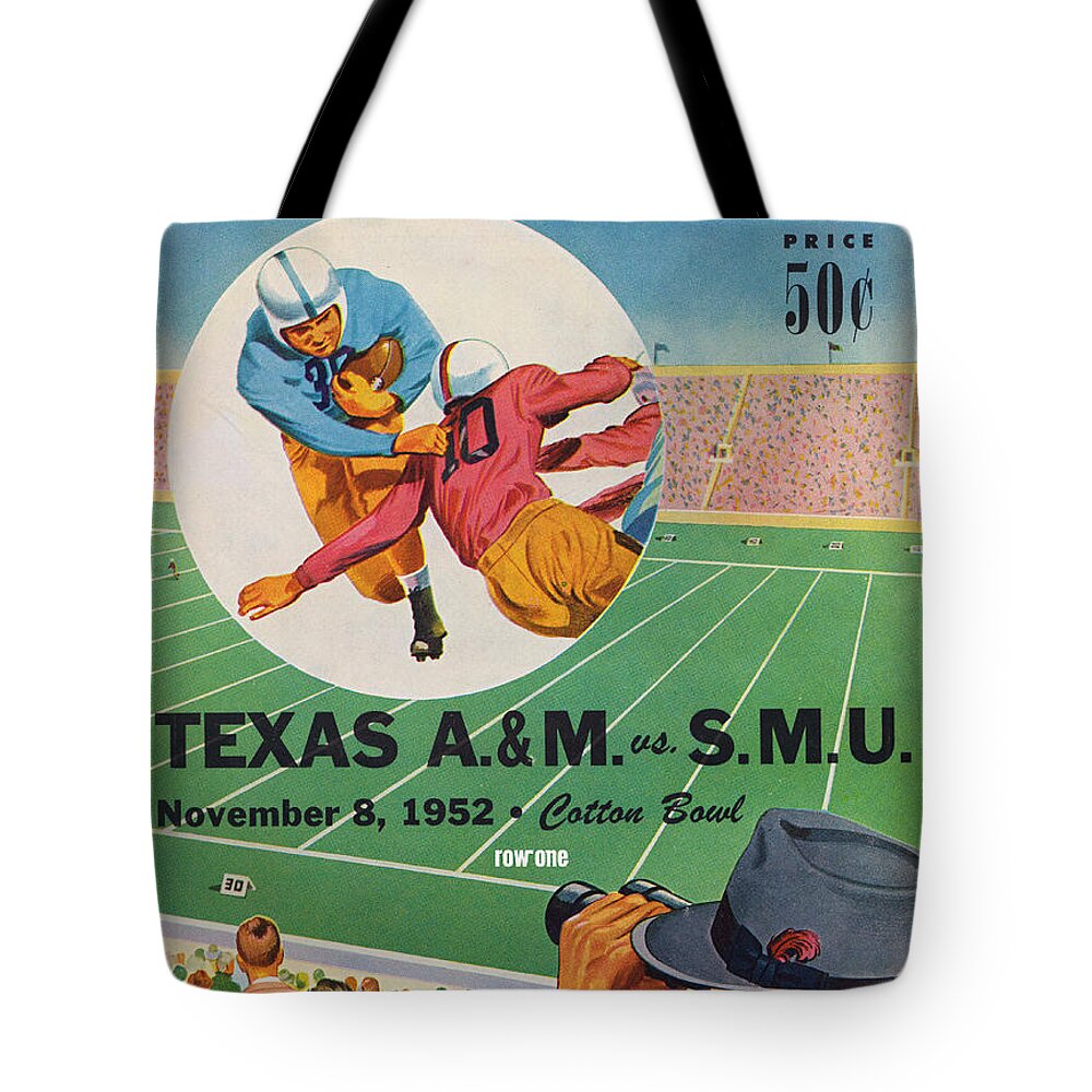 Smu Tote Bag featuring the mixed media 1952 Southern Methodist University Football Art by Row One Brand