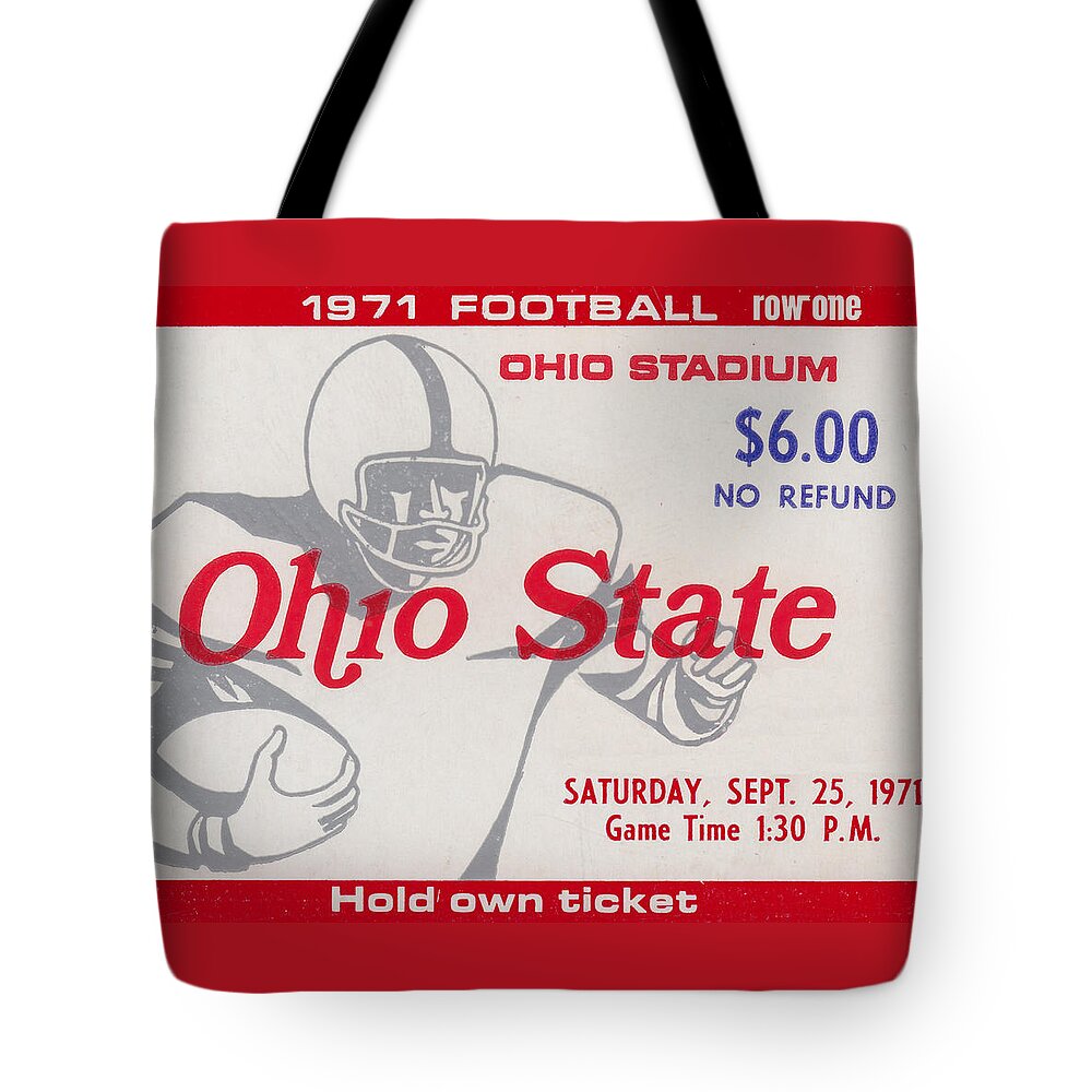 Osu Tote Bag featuring the mixed media 1971 Ohio State Buckeyes Football Ticket Art by Row One Brand