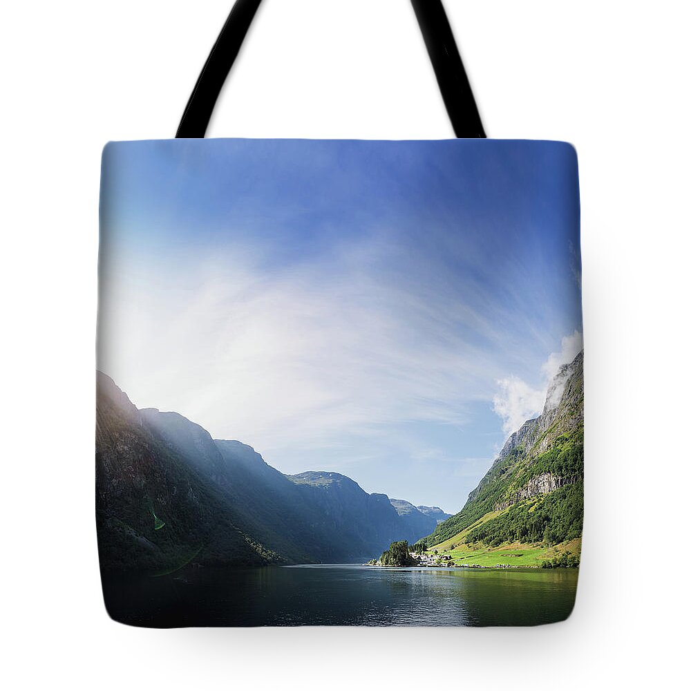 Fjord Tote Bag featuring the photograph Sunrise over Fjord Village - Wide Panorama by Nicklas Gustafsson