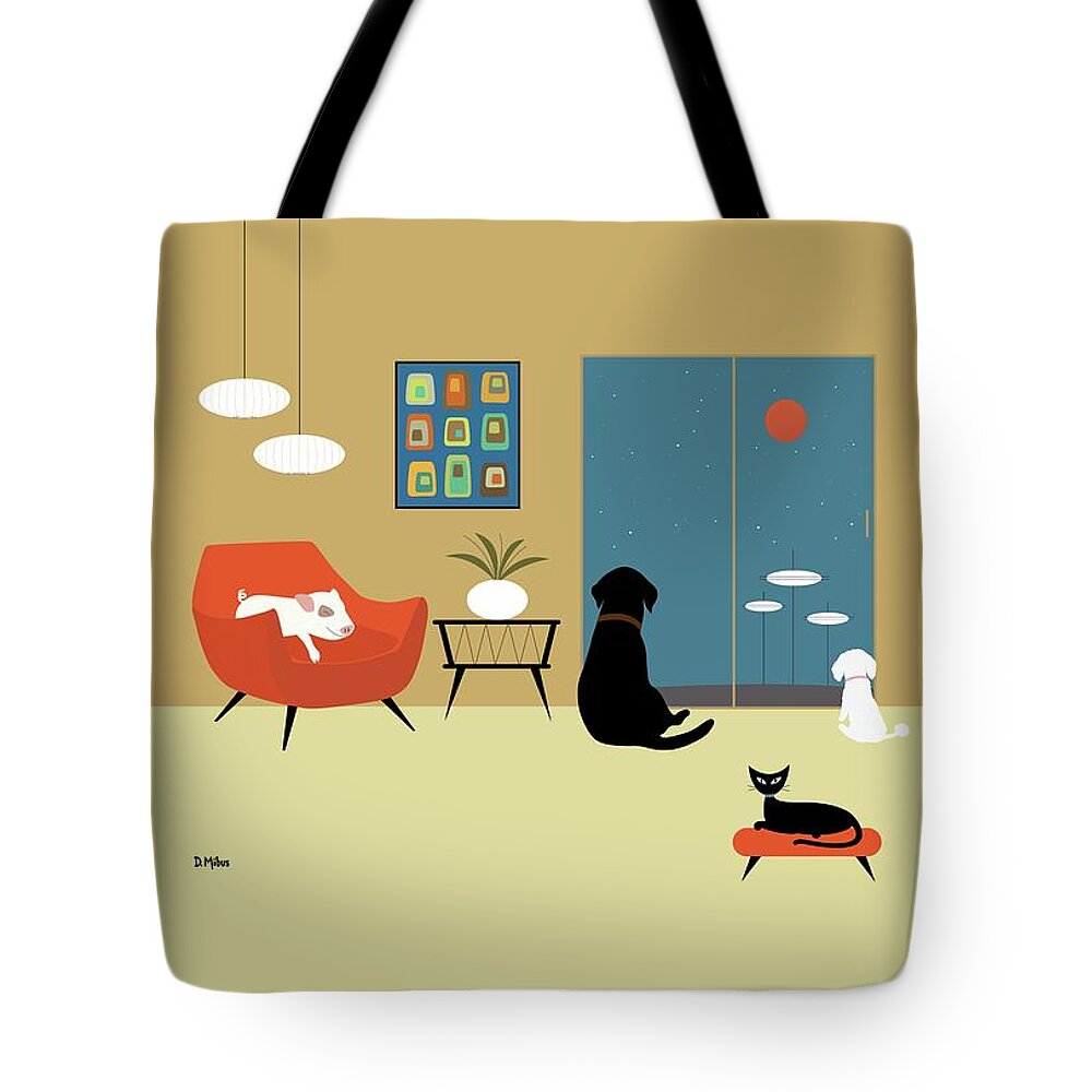 Cat Tote Bag featuring the digital art Mid Century Modern Pig by Donna Mibus