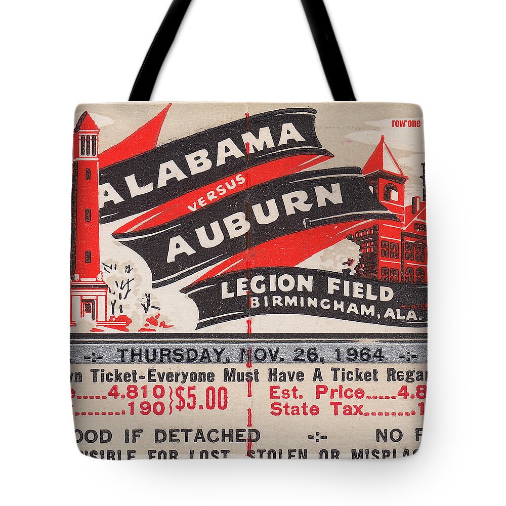 Cyber Monday College Football Gift Ideas Tote Bag featuring the mixed media 1964 Iron Bowl by Row One Brand