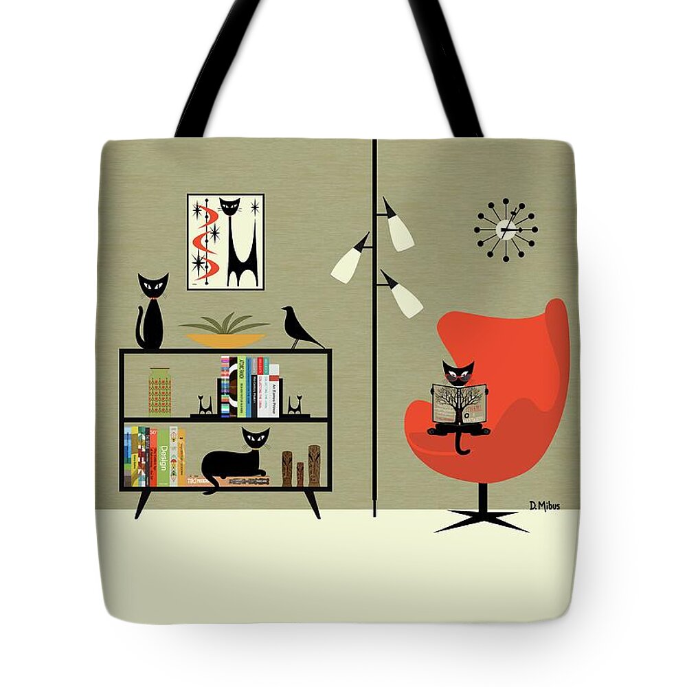 Mid Century Modern Tote Bag featuring the digital art Mid Century Modern Cat Reading by Donna Mibus