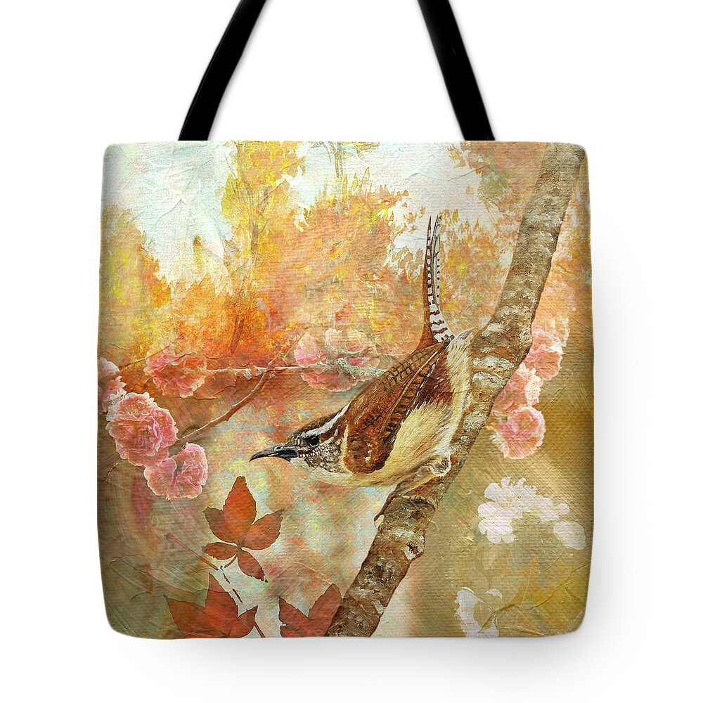 Wren Tote Bag featuring the painting Sweet Autumn Carolina Wren by Angeles M Pomata