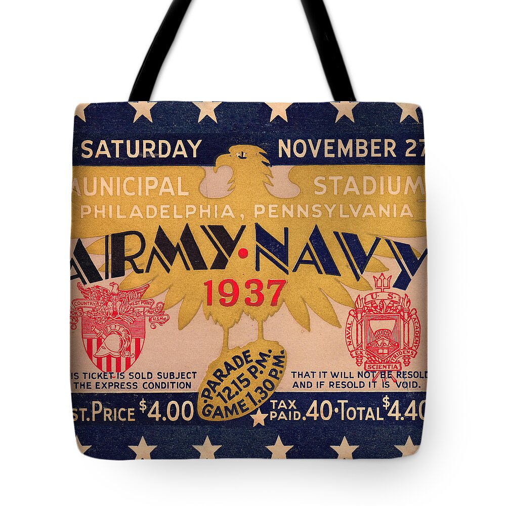 1937 Army Navy Game Tote Bag featuring the mixed media 1937 Army vs. Navy Football Ticket by Row One Brand