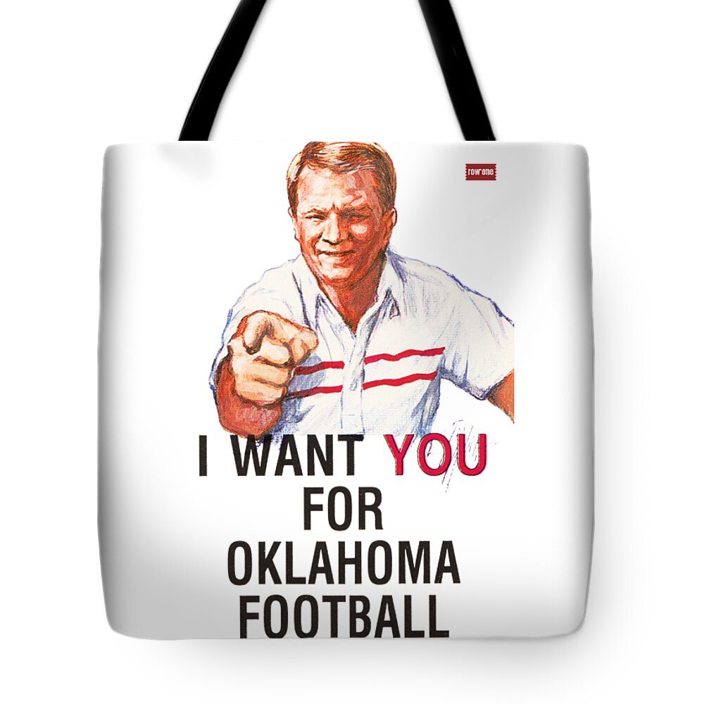 1986 Tote Bag featuring the mixed media I Want You for Oklahoma Football Barry Switzer Poster by Row One Brand