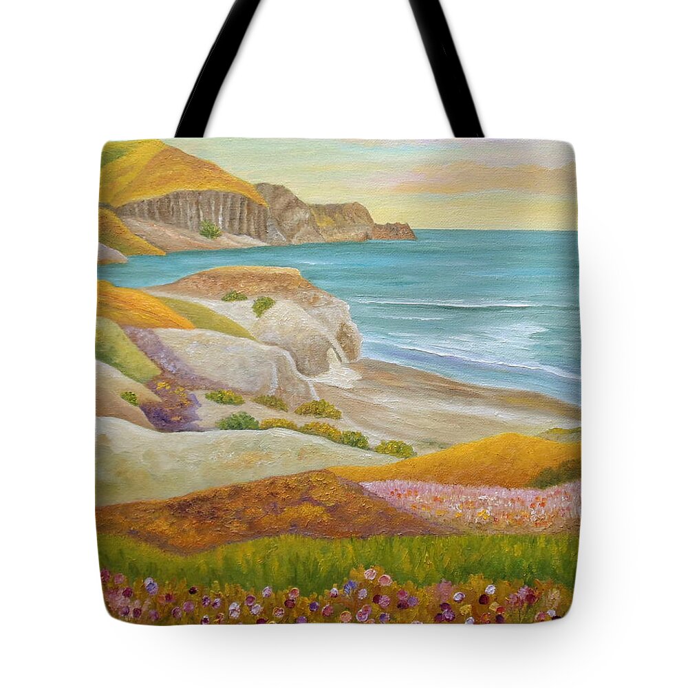 Wild Flowers Tote Bag featuring the painting Prairie By The Sea by Angeles M Pomata