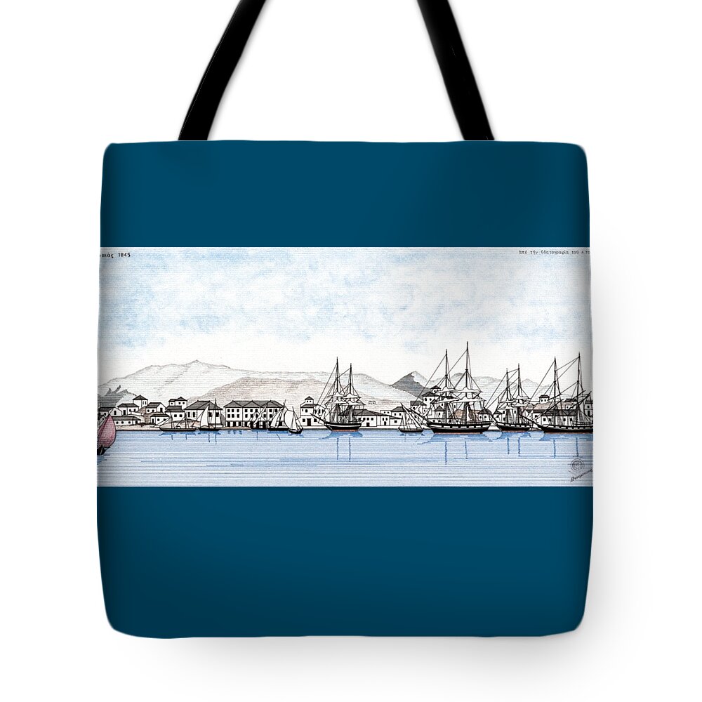 Vintage Tote Bag featuring the drawing Piraeus 1845 by Panagiotis Mastrantonis