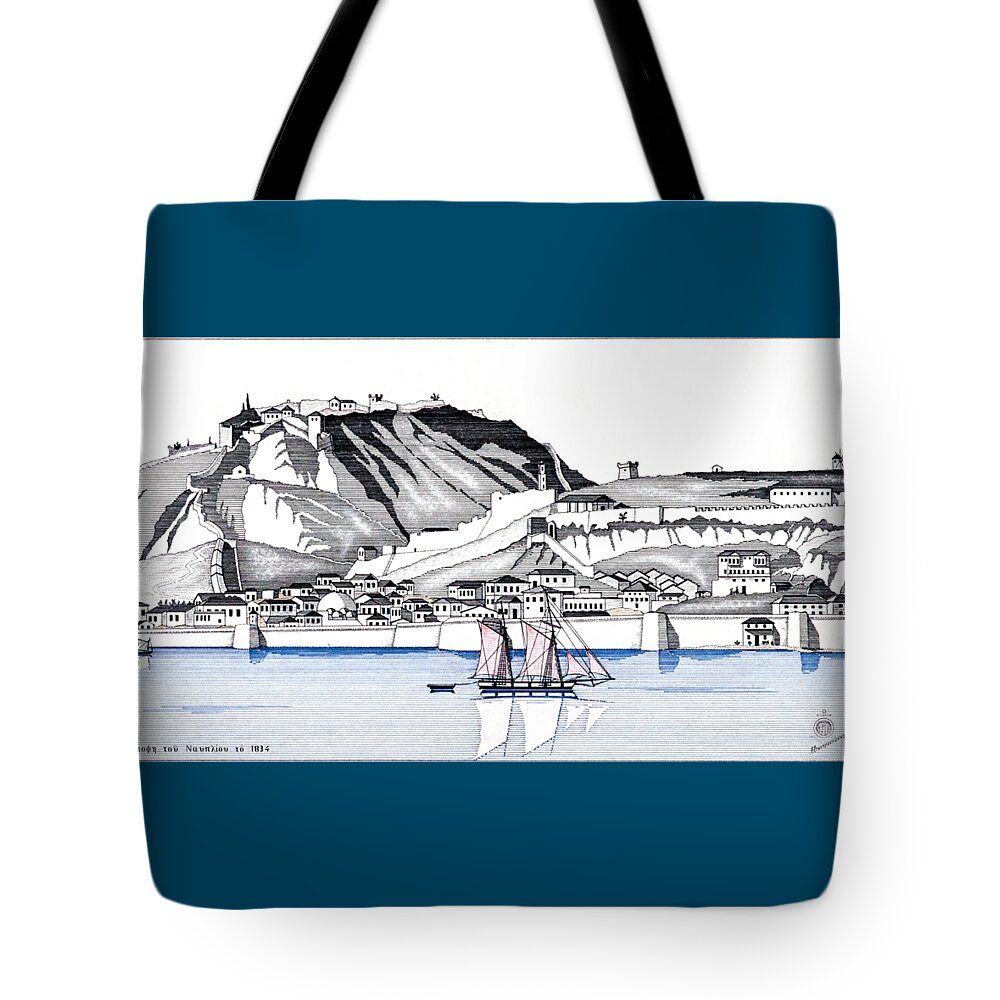 Historic Vessels Tote Bag featuring the drawing The seaport town of Nafplio in 1834 by Panagiotis Mastrantonis
