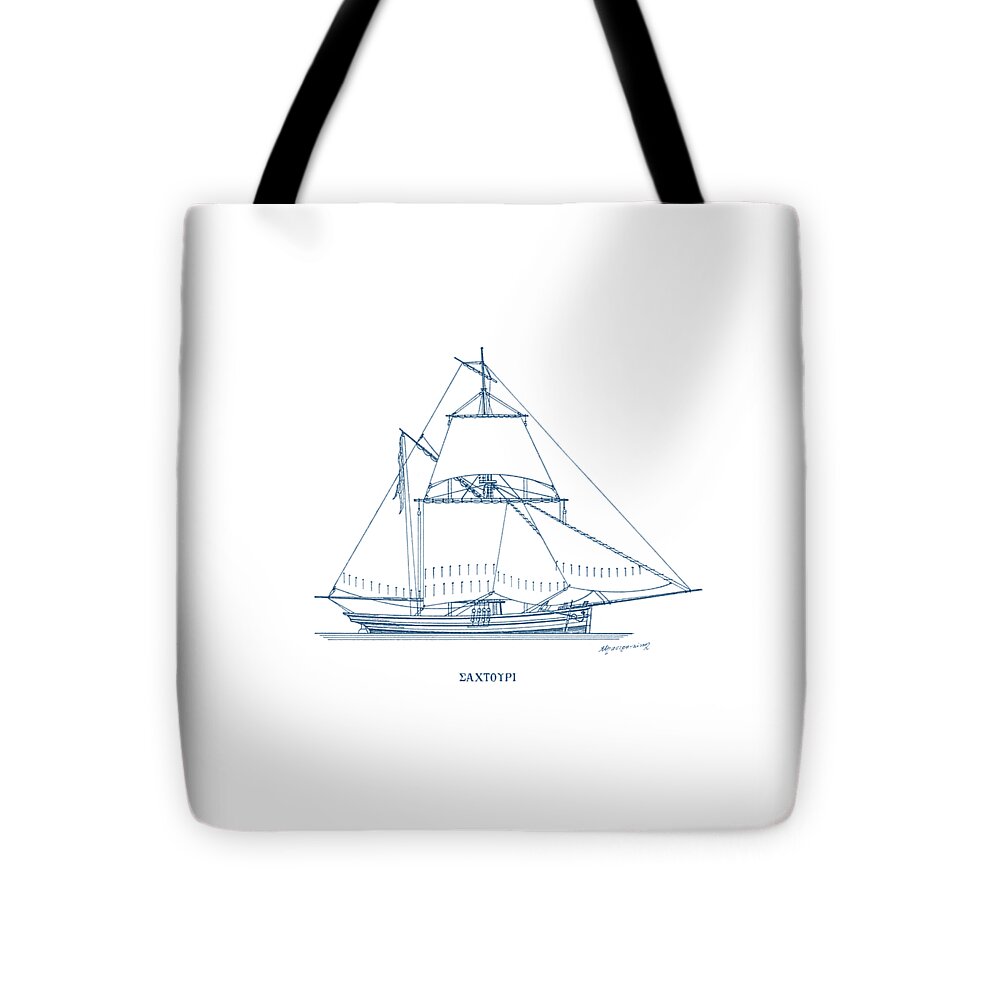 Sailing Vessels Tote Bag featuring the drawing Sahtouri - traditional Greek sailing ship by Panagiotis Mastrantonis