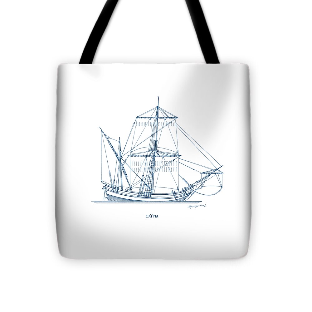 Sailing Vessels Tote Bag featuring the drawing Saetia - traditional Greek sailing ship by Panagiotis Mastrantonis