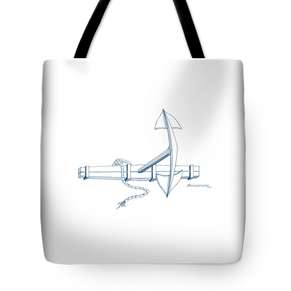 Sailing Vessels Tote Bag featuring the drawing Anchor with wooden stock by Panagiotis Mastrantonis