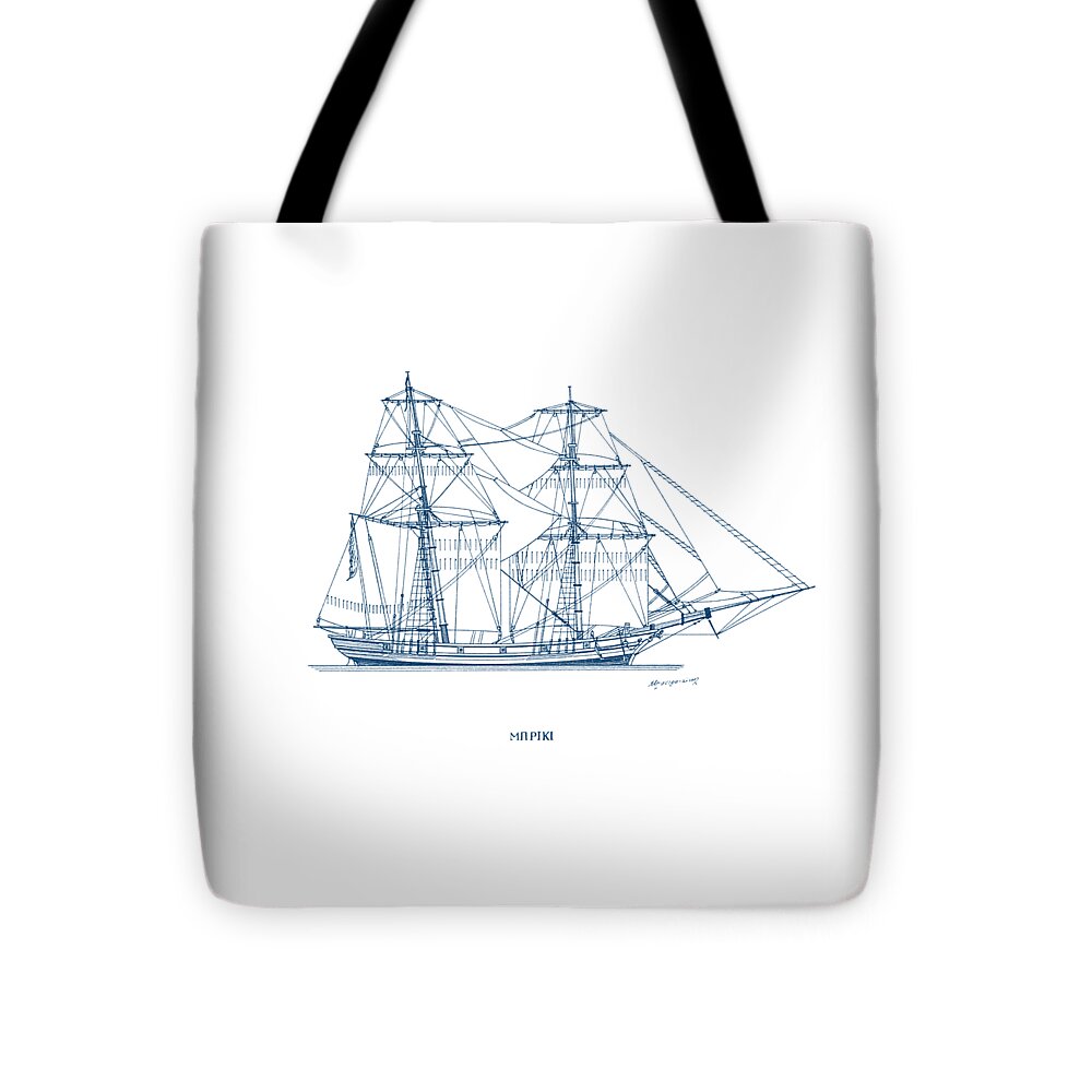 Sailing Vessels Tote Bag featuring the drawing Brig - traditional Greek sailing ship by Panagiotis Mastrantonis