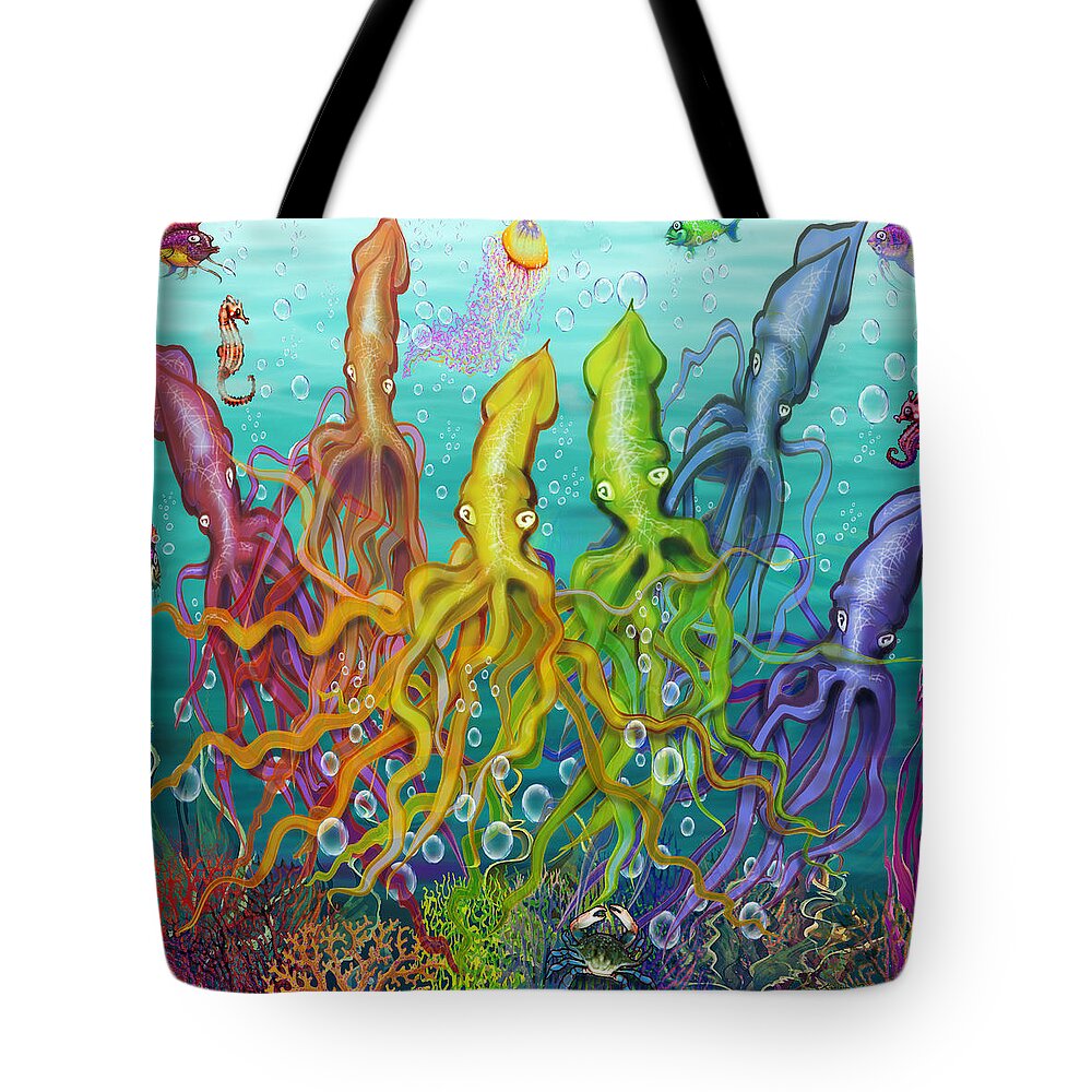 Squid Tote Bag featuring the digital art Colorful Calamari by Kevin Middleton