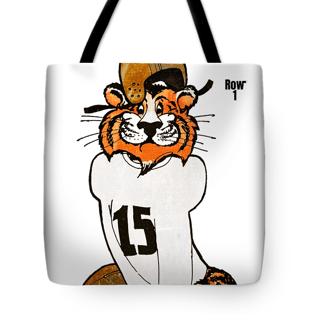 Vinnie The Tiger Tote Bag featuring the mixed media Vinnie the Vintage Football Tiger by Row One Brand