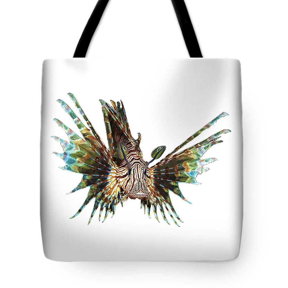 Abstract Tote Bag featuring the mixed media Lionfish - Close and intense - Reduced to the MAX - by Ute Niemann