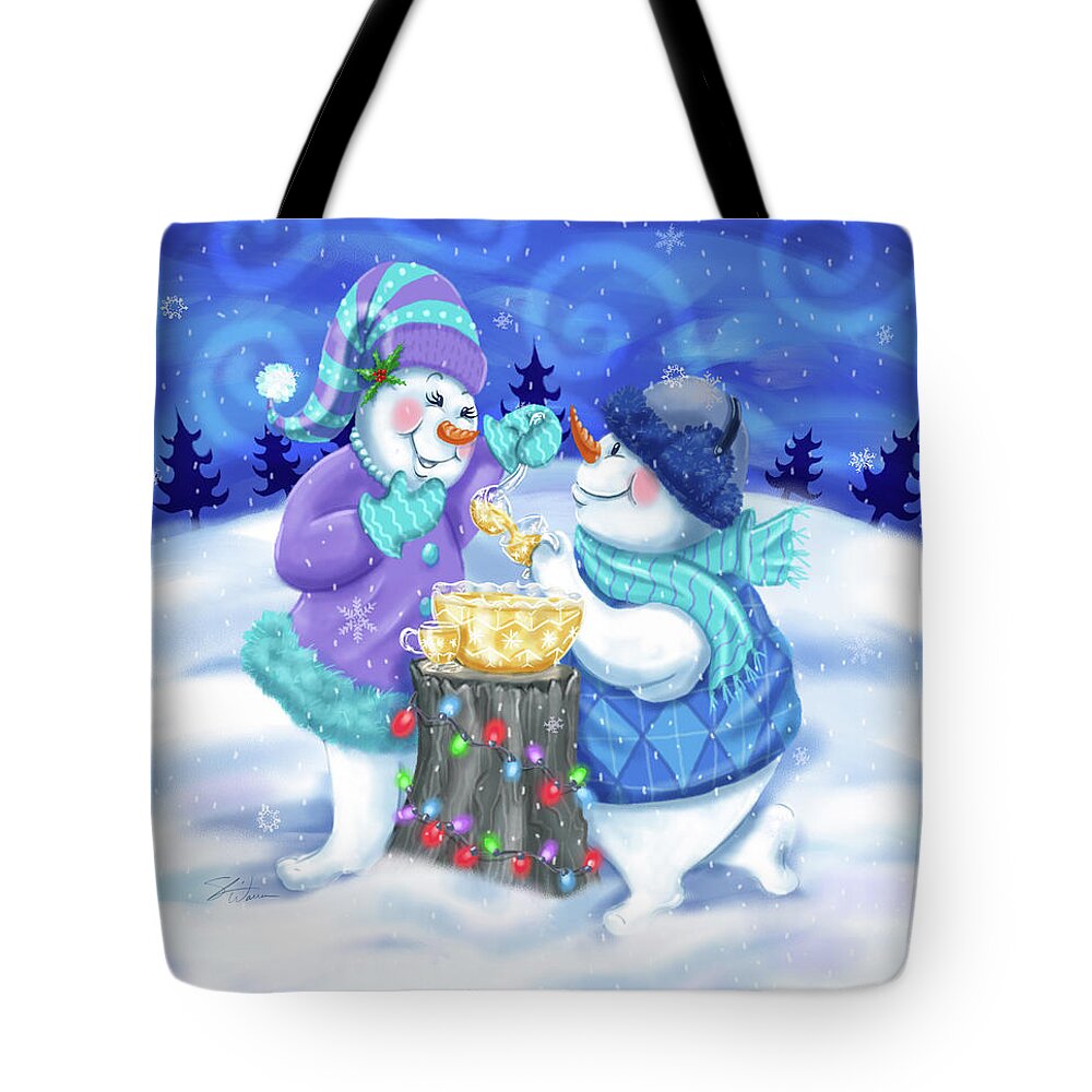 Snowman Tote Bag featuring the mixed media Snowman Share the Joy by Shari Warren
