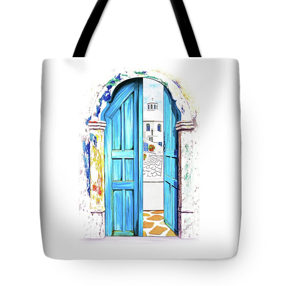 Santorini Tote Bag featuring the painting SUNDAY IN SANTORINI-Prints of Oil Paintings by Mary Grden