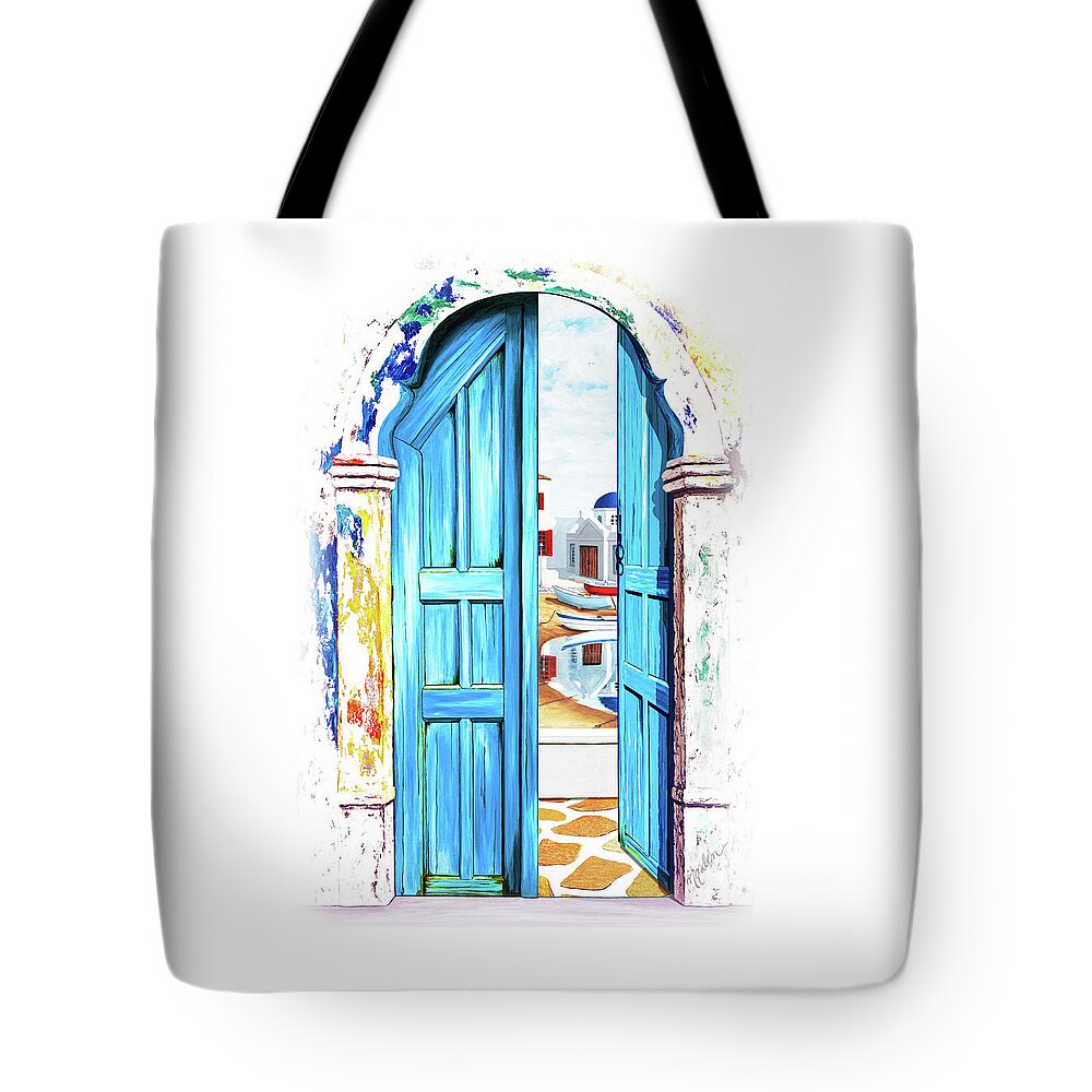 Santorini Tote Bag featuring the painting SUNDAY IN MYKONOS BAY-Prints of Oil Paintings by Mary Grden