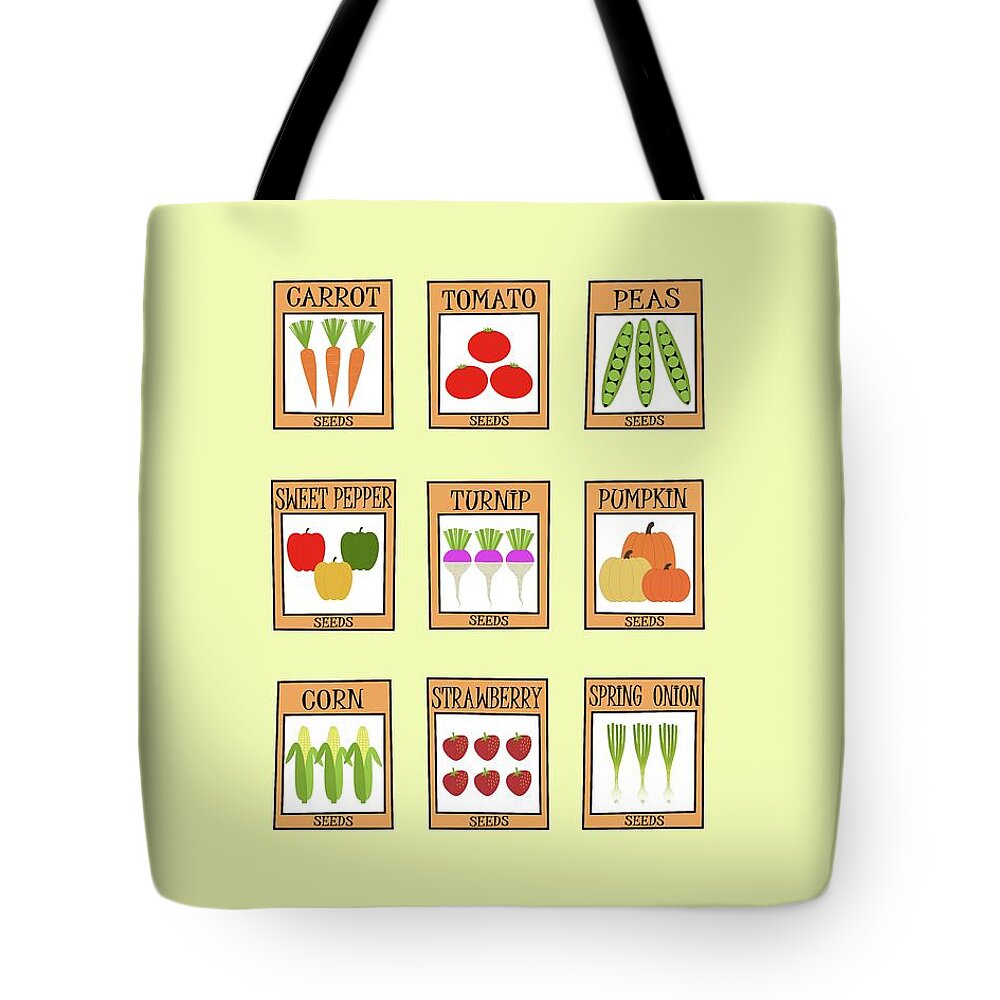 Retro Tote Bag featuring the digital art Assortment of Retro Seed Packets by Donna Mibus