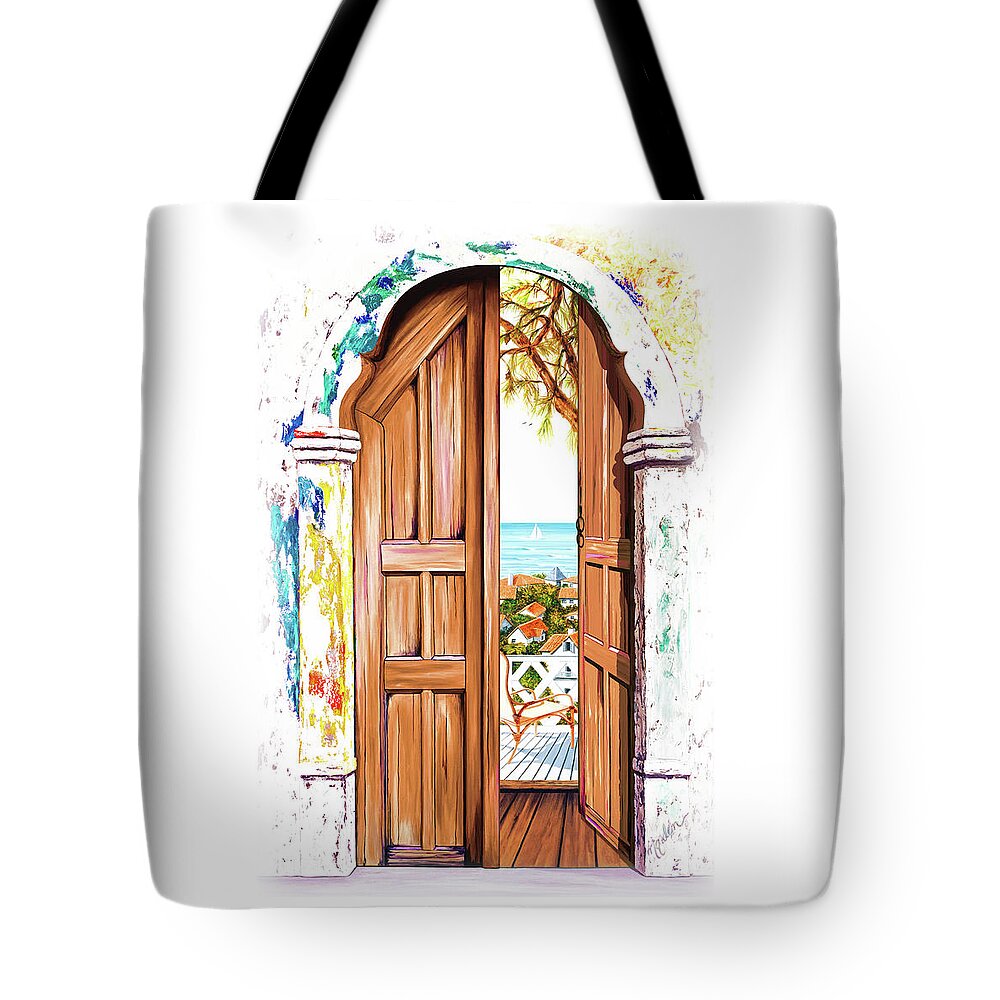Rivera Tote Bag featuring the painting SEE THROUGH VERANDA VIEW two oil paintings in print by Mary Grden