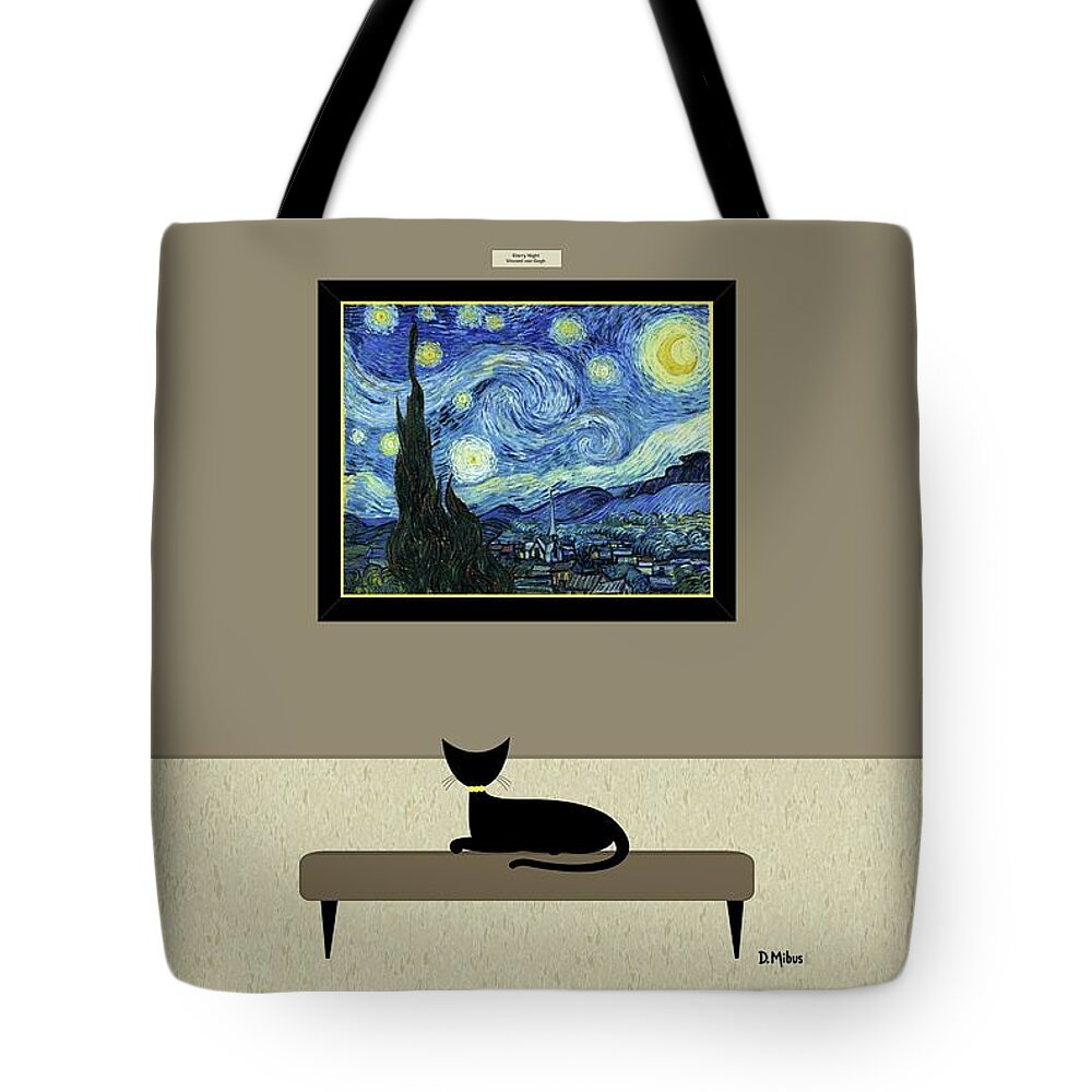Cat Tote Bag featuring the digital art Black Cat Admires Starry Night Painting by Donna Mibus