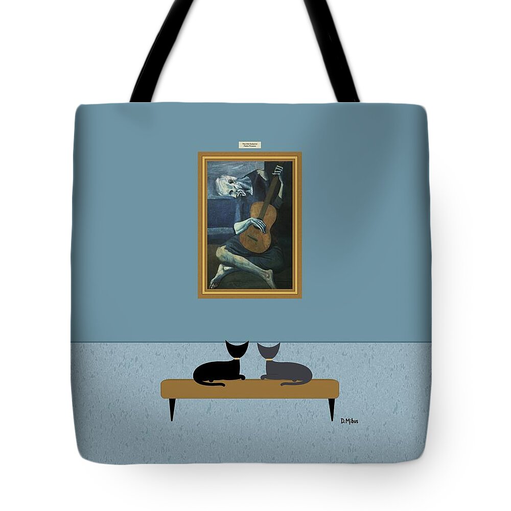 Black Cat Tote Bag featuring the digital art Cats Admire Picasso Old Guitarist by Donna Mibus