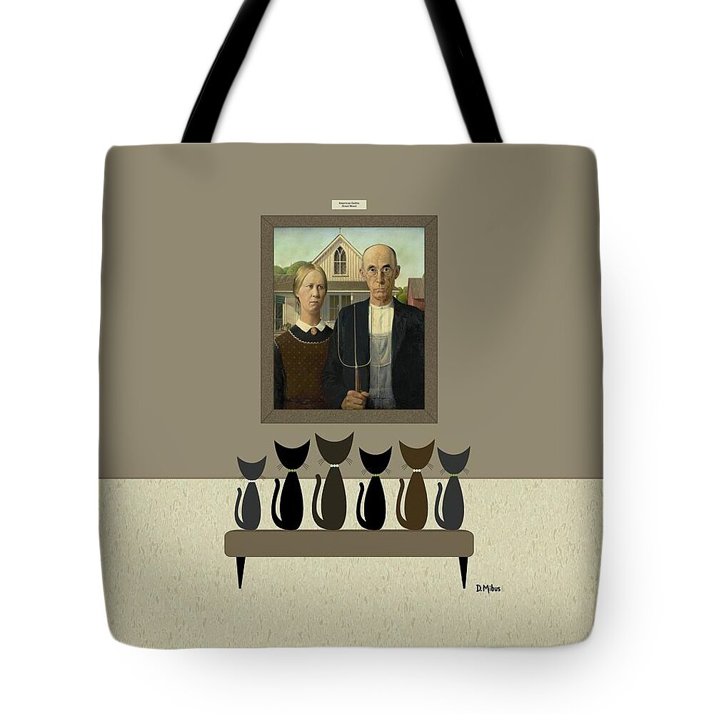 Grant Wood Tote Bag featuring the digital art Cats Contemplate American Gothic by Donna Mibus