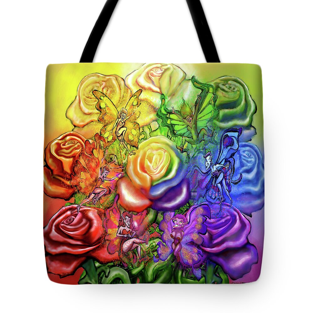 Rainbow Tote Bag featuring the digital art Roses Rainbow Pixies by Kevin Middleton