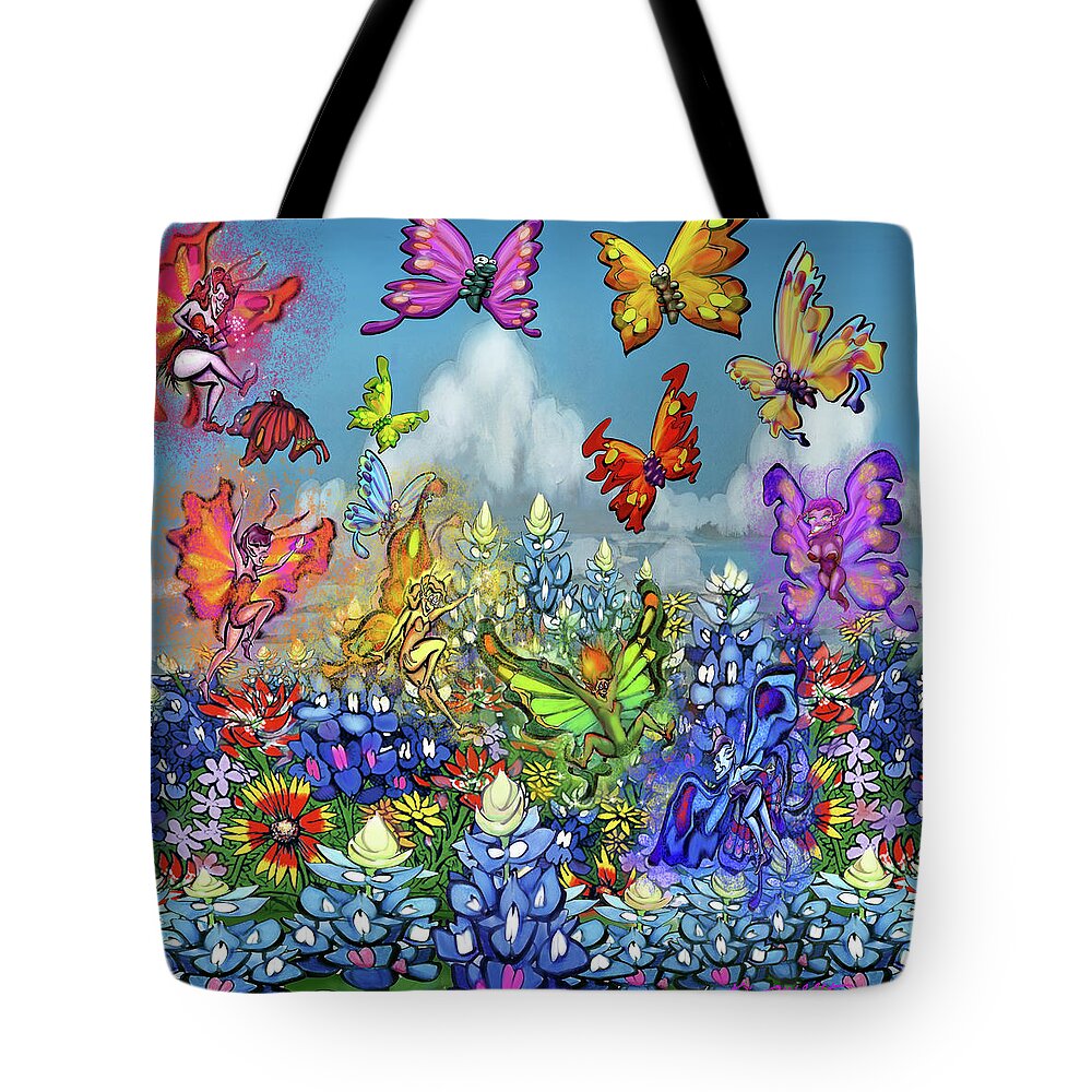 Wildflowers Tote Bag featuring the digital art Wildflowers Pixies Bluebonnets n Butterflies by Kevin Middleton