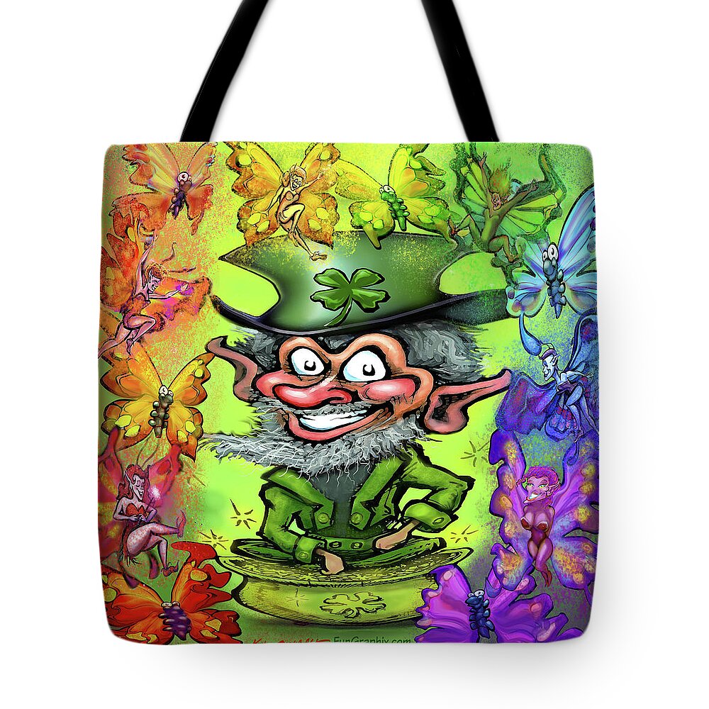 Leprechaun Tote Bag featuring the digital art Leprechaun with Rainbow of Pixies by Kevin Middleton