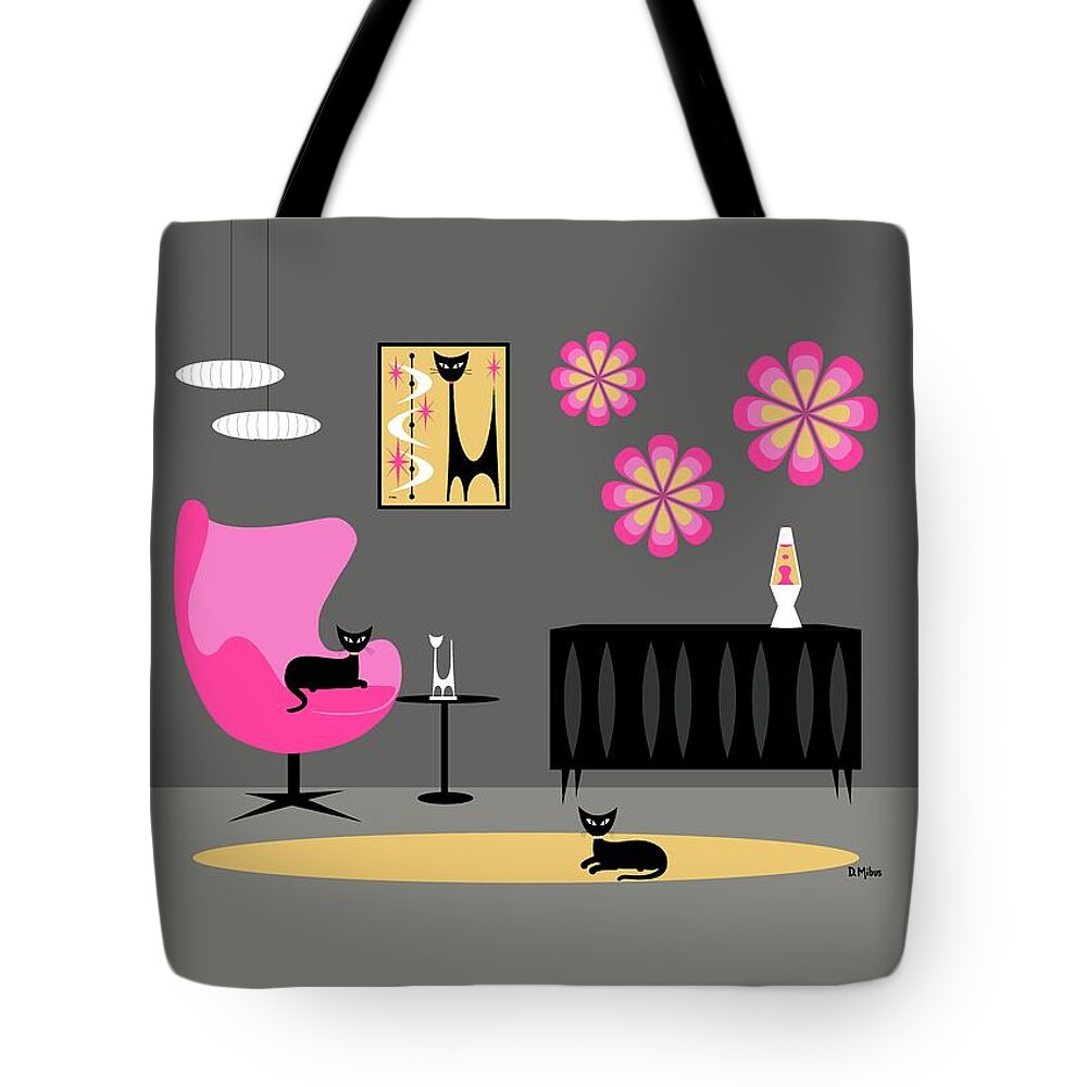 Mid Century Cat Tote Bag featuring the digital art Groovy Pink Yellow and Gray Room by Donna Mibus