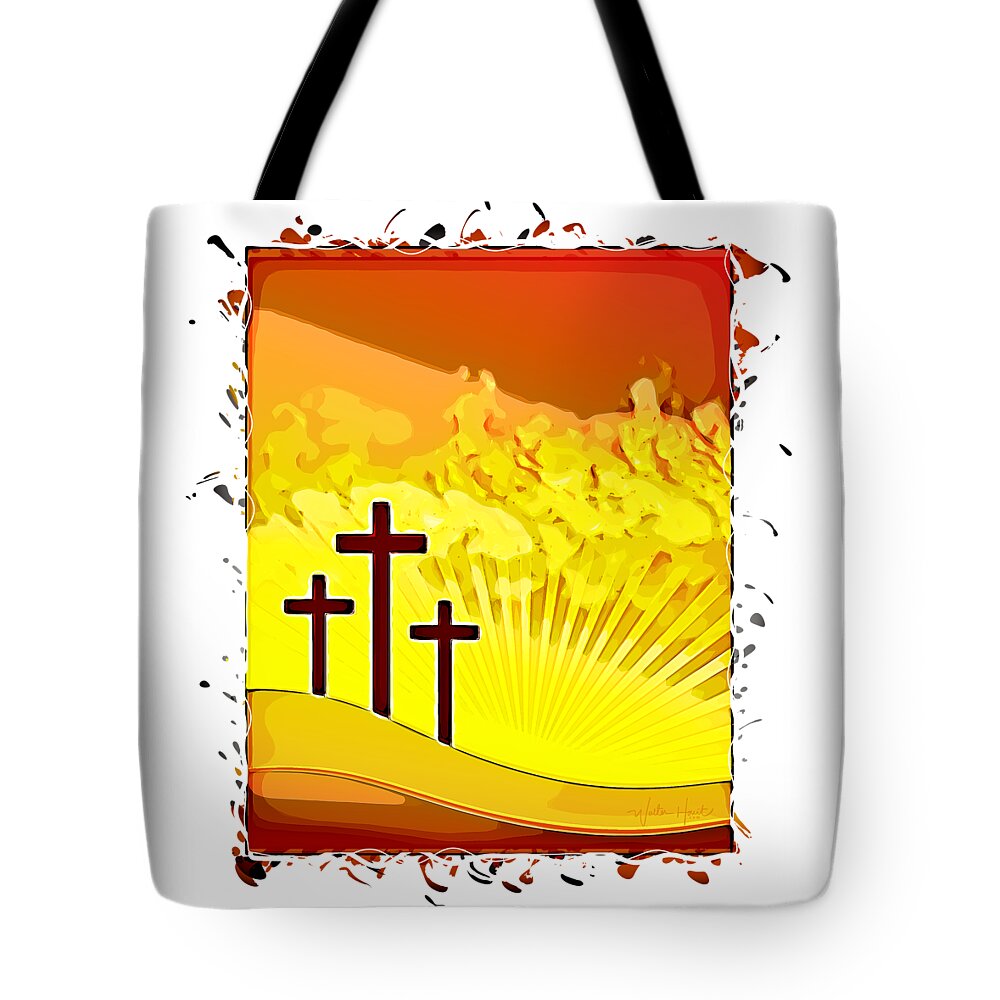 Three Calvary Crosses Tote Bag featuring the mixed media Three Calvary Crosses Sunset Design with Spatter by Walter Herrit