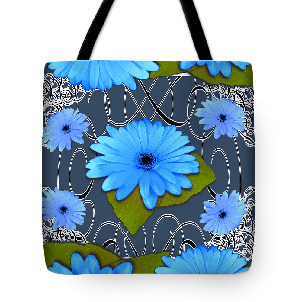 Blue Tote Bag featuring the drawing Blue Daisy Cup Design by Delynn Addams