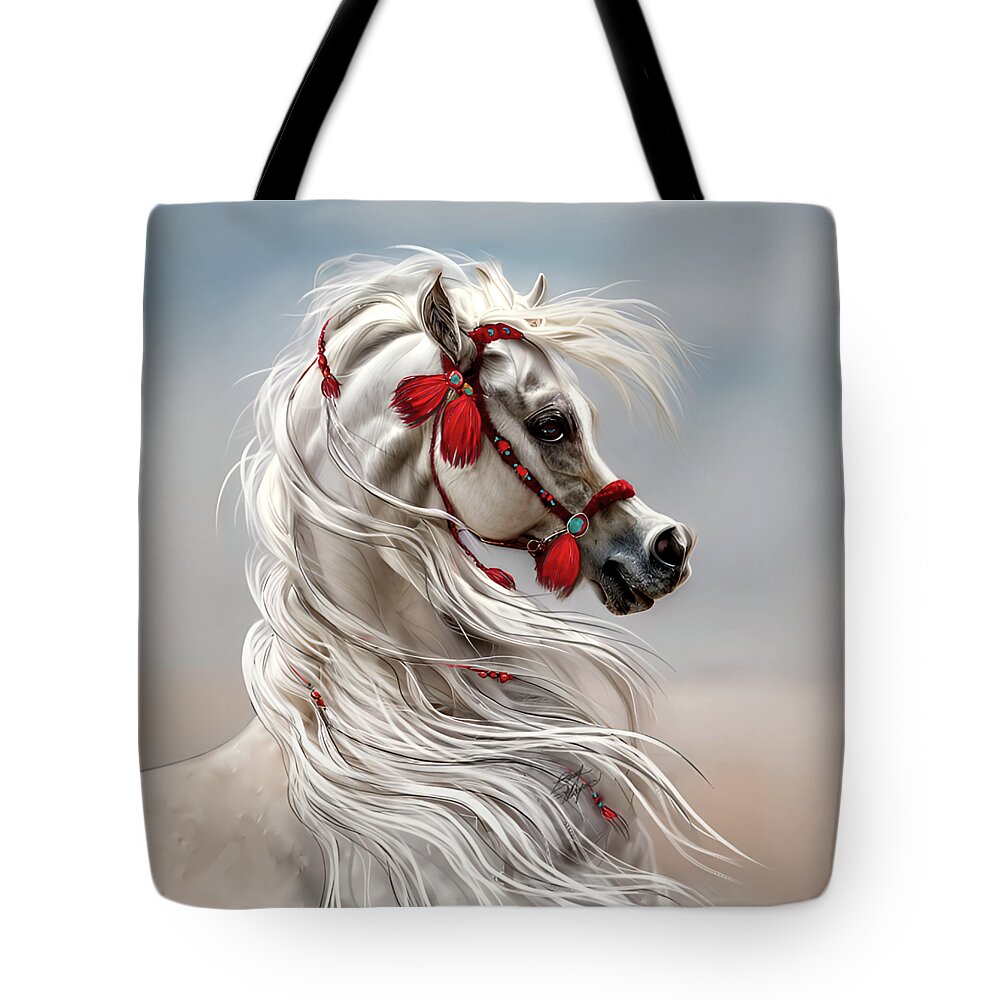 Equestrian Art Tote Bag featuring the digital art Arabian with Red Tassels by Stacey Mayer by Stacey Mayer