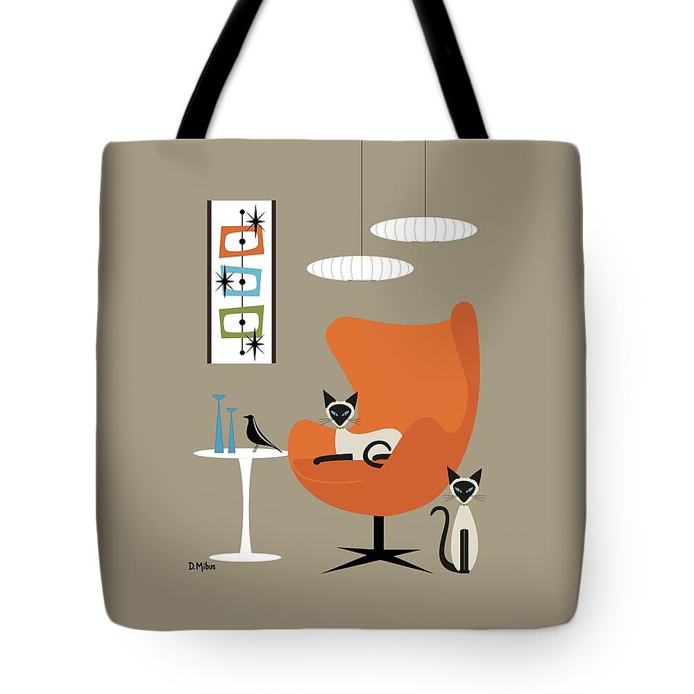 Mid Century Cat Tote Bag featuring the digital art Two Siamese in Mid Century Orange Chair by Donna Mibus