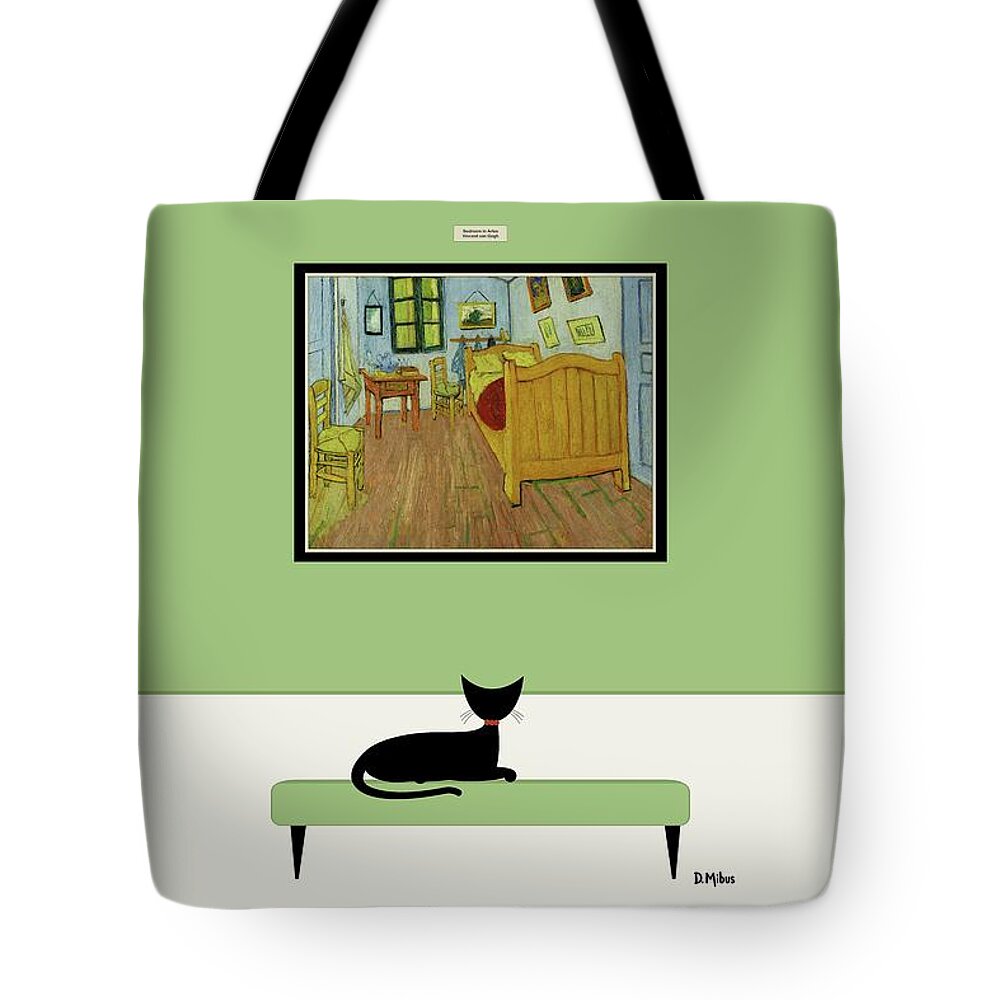 Cat At Museum Tote Bag featuring the digital art Black Cat Admires Van Gogh Bedroom by Donna Mibus