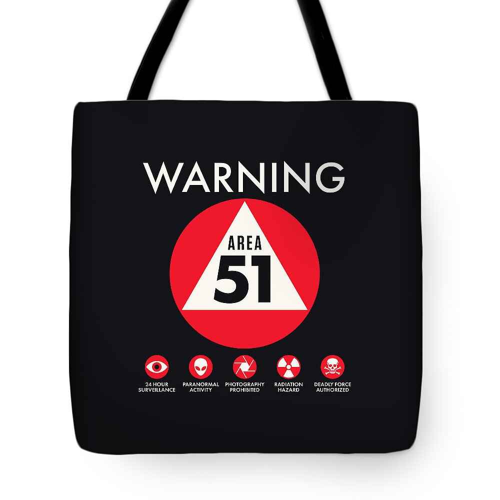 Warning Sign Tote Bag featuring the digital art Area 51 Warning Sign Retro - Plain Black by Organic Synthesis