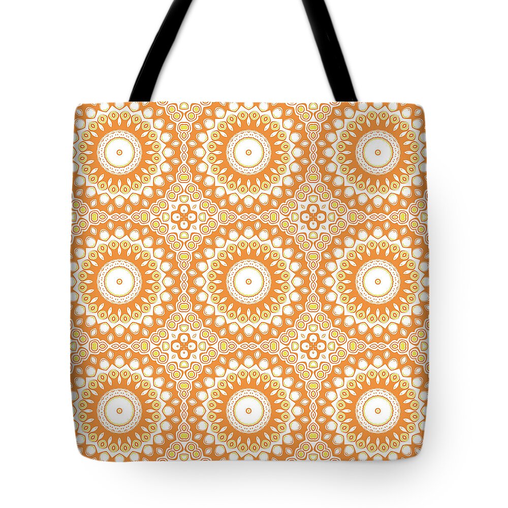 Orange Tote Bag featuring the digital art Orange and Yellow Mandala Kaleidoscope Medallion Flower by Mercury McCutcheon