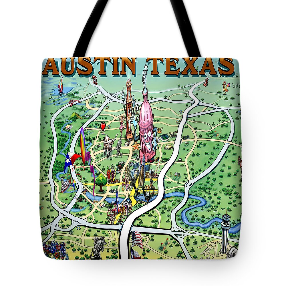 Austin Tote Bag featuring the painting Austin Texas Fun Map by Kevin Middleton