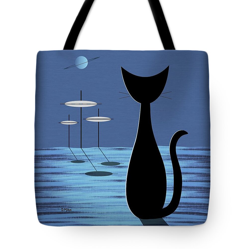 Cat Tote Bag featuring the digital art Space Cat in Blue by Donna Mibus