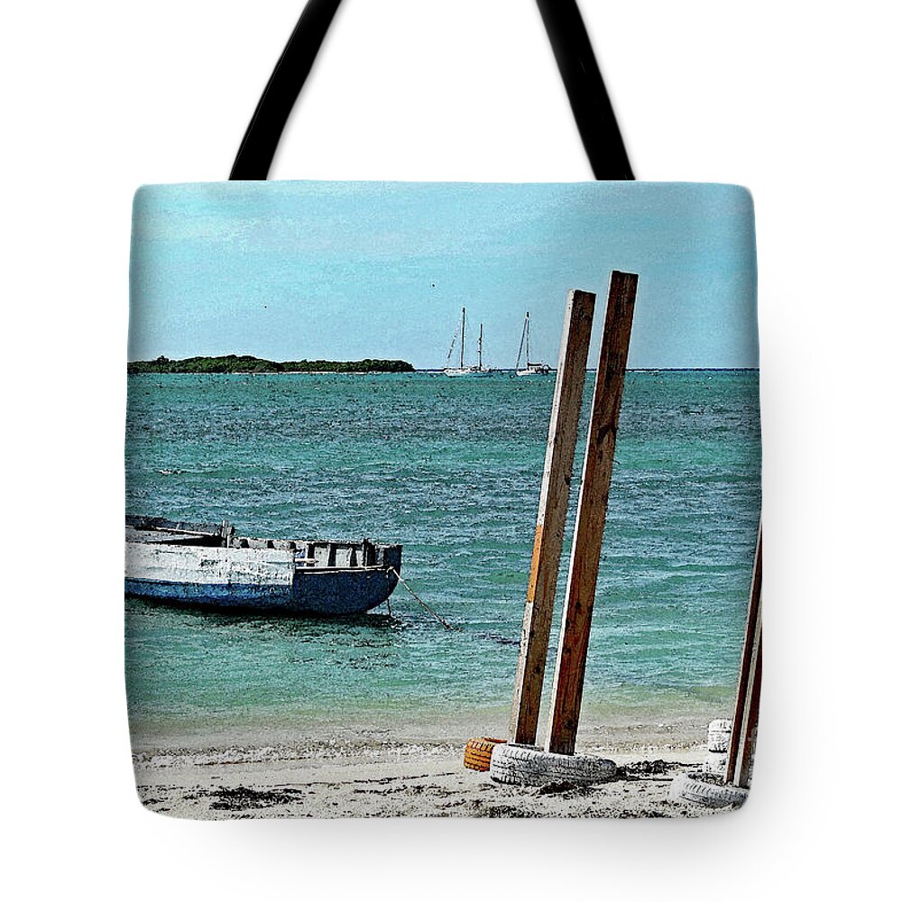 Aruba; Boat; Dinghy; Beach; Ocean; Blue; Green; Water; Wood; Watercolor; Photography; Sand; Tranquil; Peaceful; Solitude; Boats; Tote Bag featuring the digital art Aruba View by Tina Uihlein
