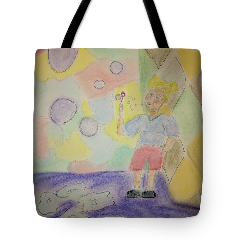 Child Tote Bag featuring the pastel Ashley Blowing Bubbles by Suzanne Berthier