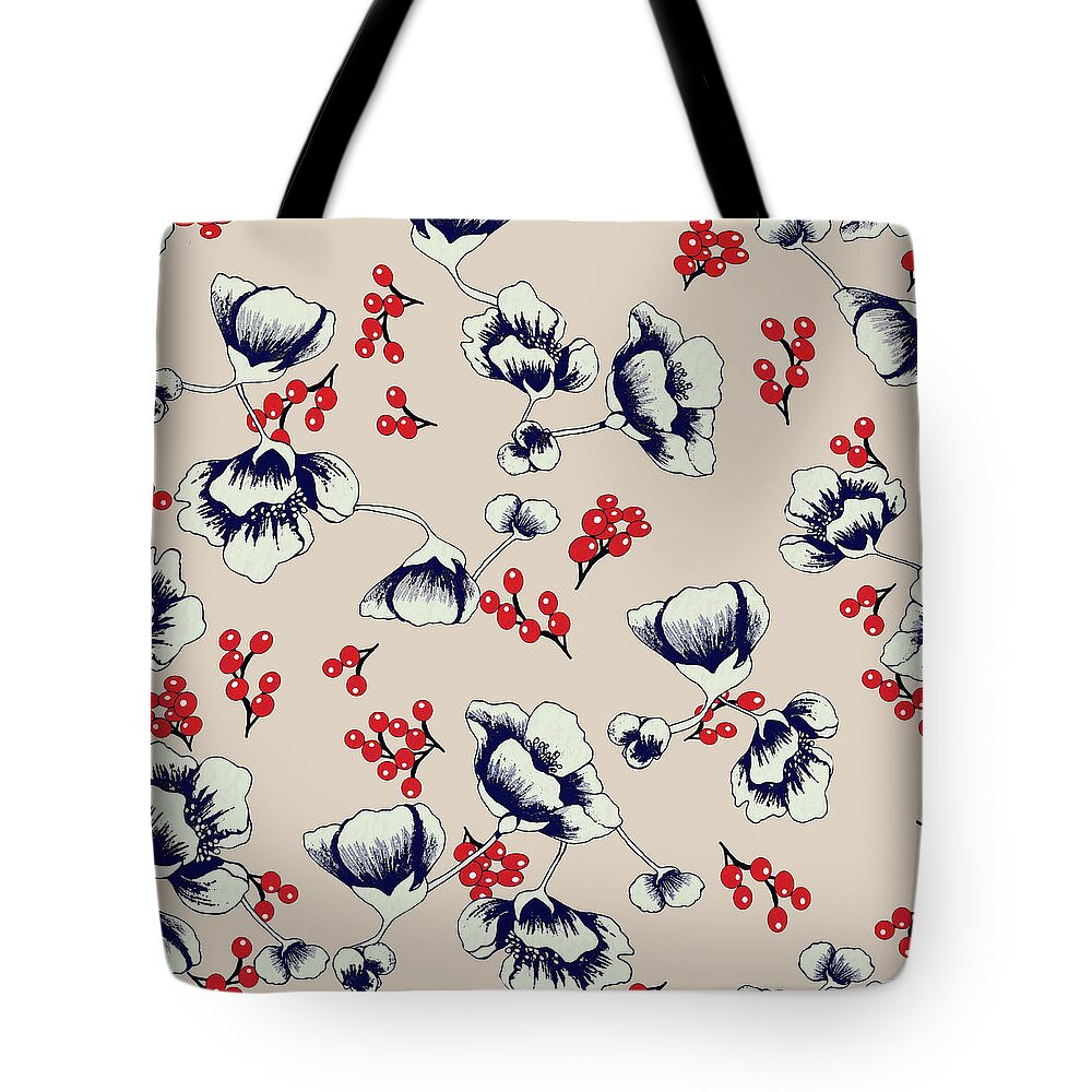 Asian Tote Bag featuring the digital art Asian Blossoms with Red Berries by Sand And Chi